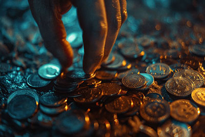 Eine Hand, die Münzen aufhebt